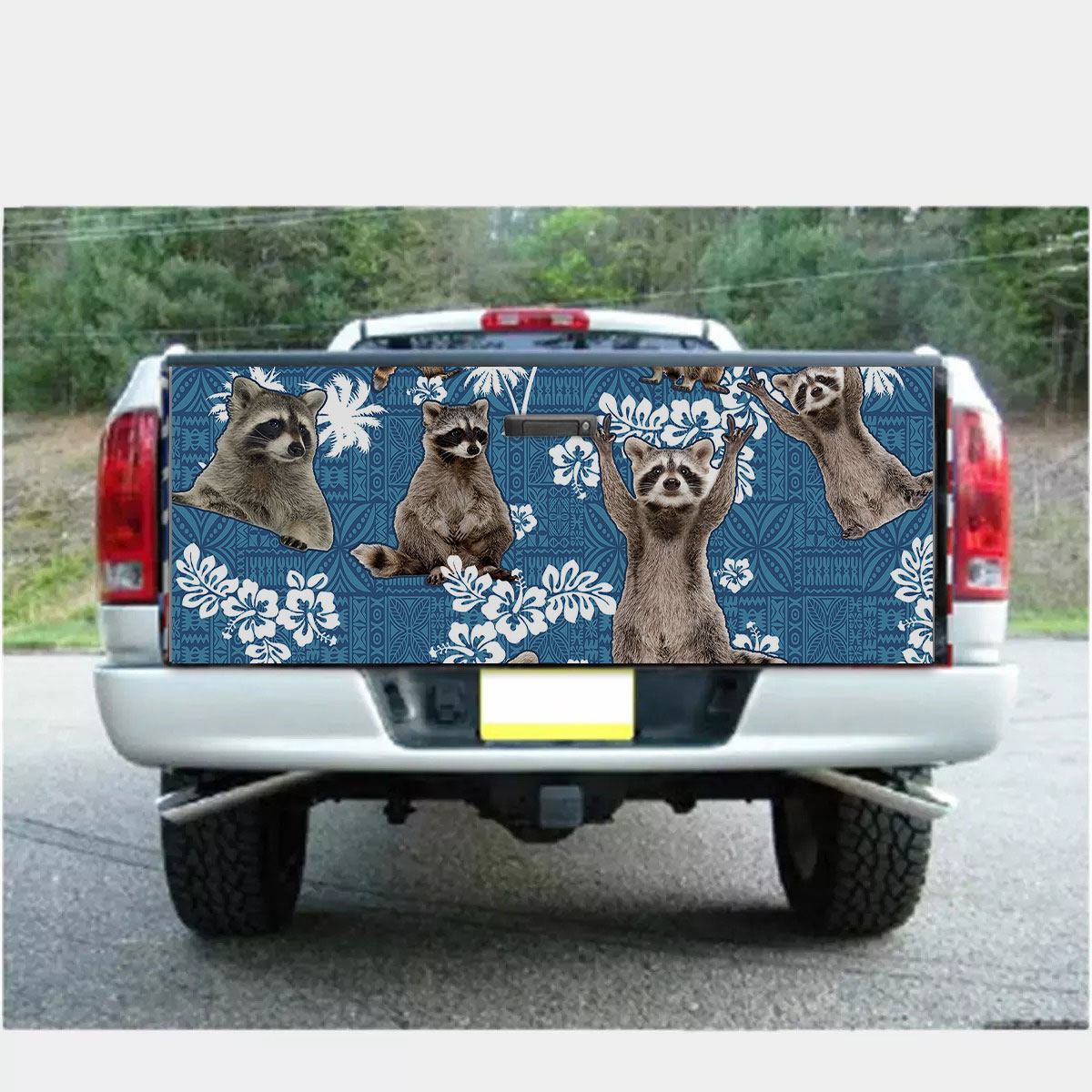 Raccoon Tropical Flower Blue Tribal Truck Bed Decal