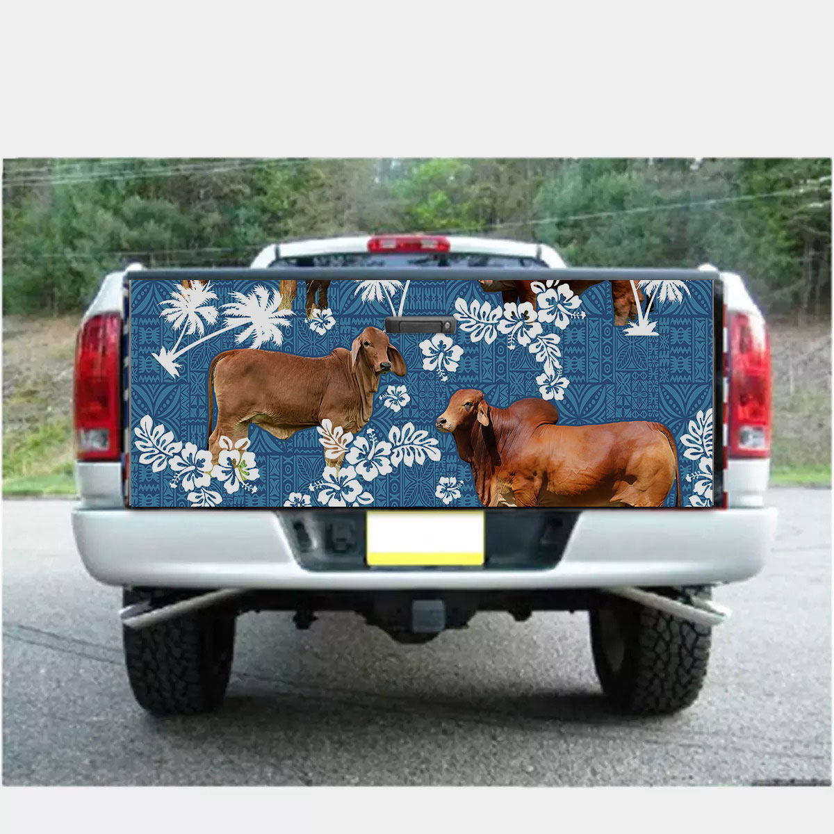 Red Brahman Tropical Flower Blue Tribal Truck Bed Decal