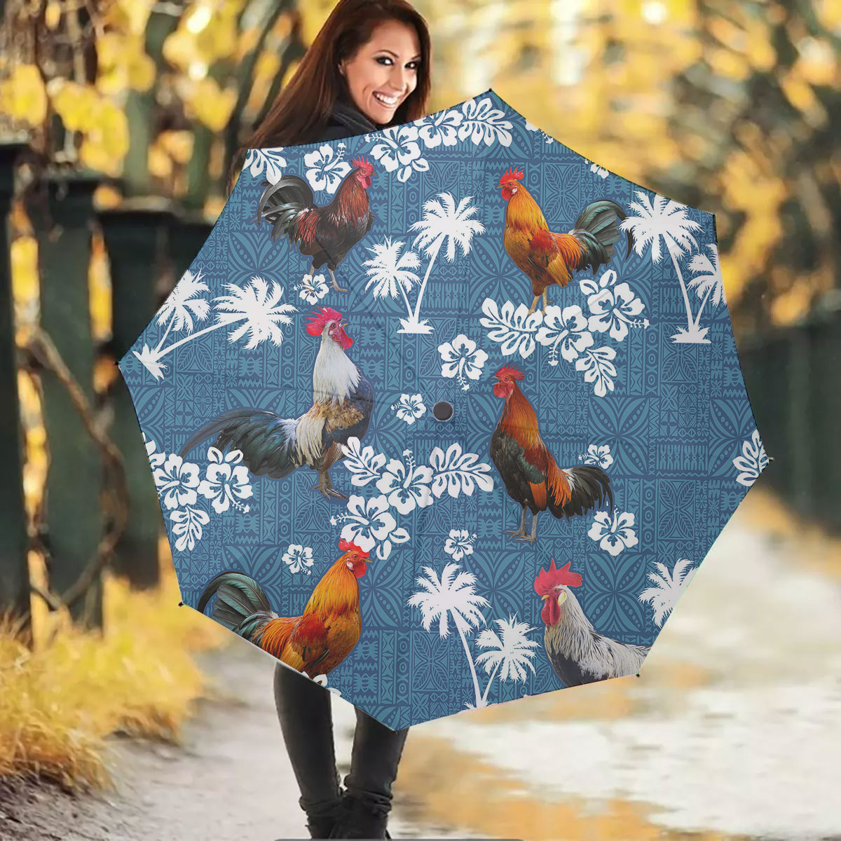 Chicken Tropical Flower Blue Tribal Umbrella