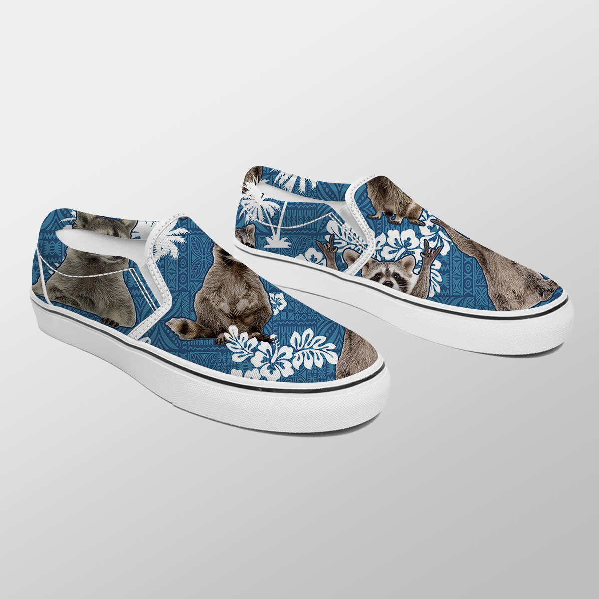 Raccoon Tropical Flower Blue Tribal Slip On Sneakers