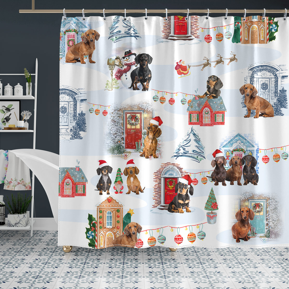 Dachshund Christmas Door Dog Shower Curtain