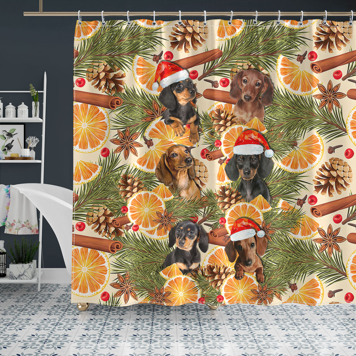Dachshund Christmas Orange Cinnamon Dog Shower Curtain