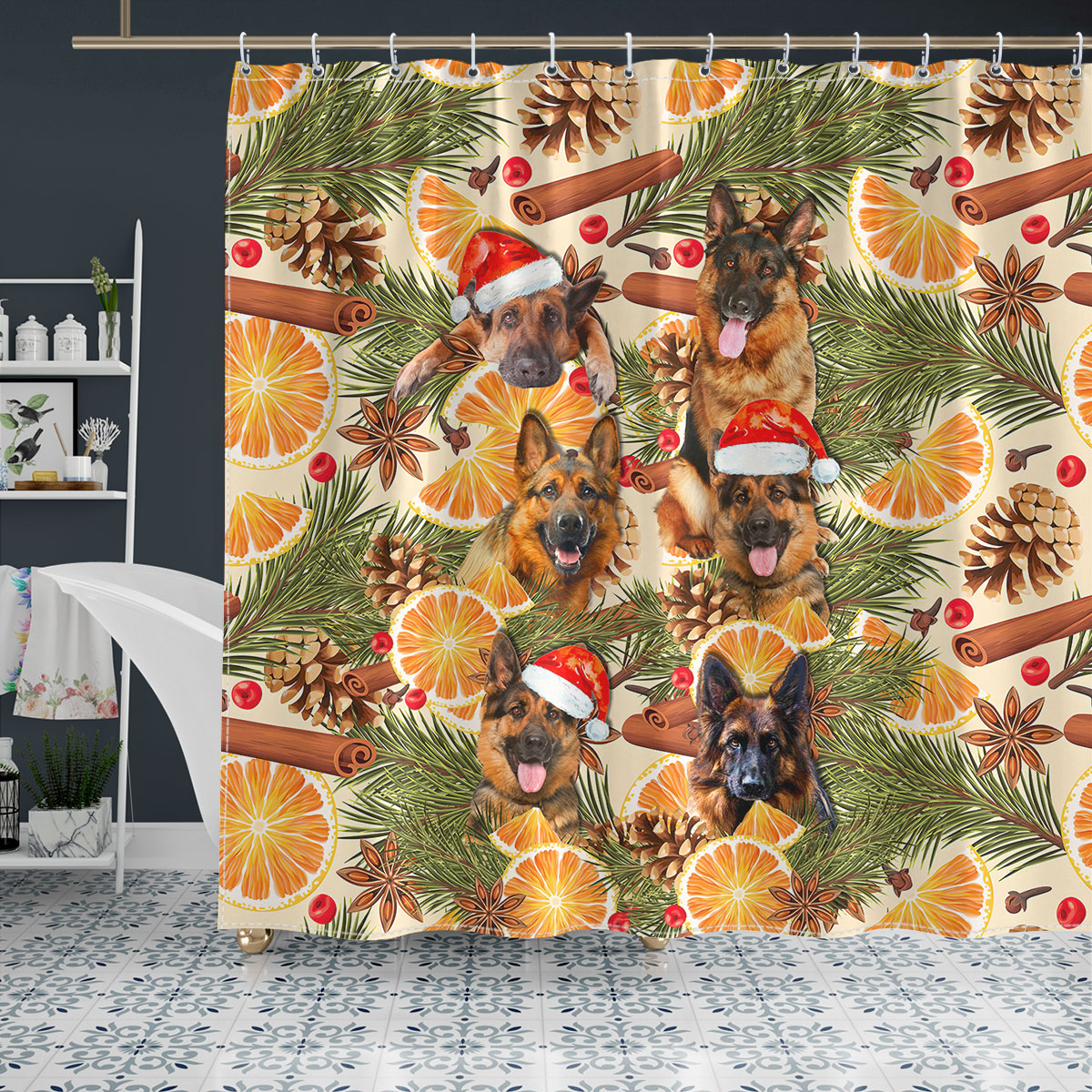 German Shepherd Christmas Orange Cinnamon Dog Shower Curtain