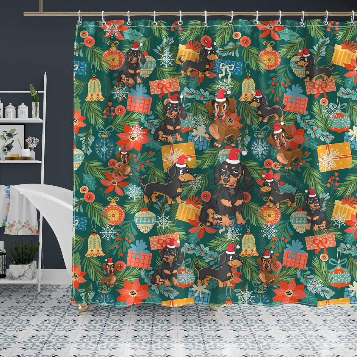 Dachshund Christmas Poinsettia Mistletoe Gift Dog Shower Curtain