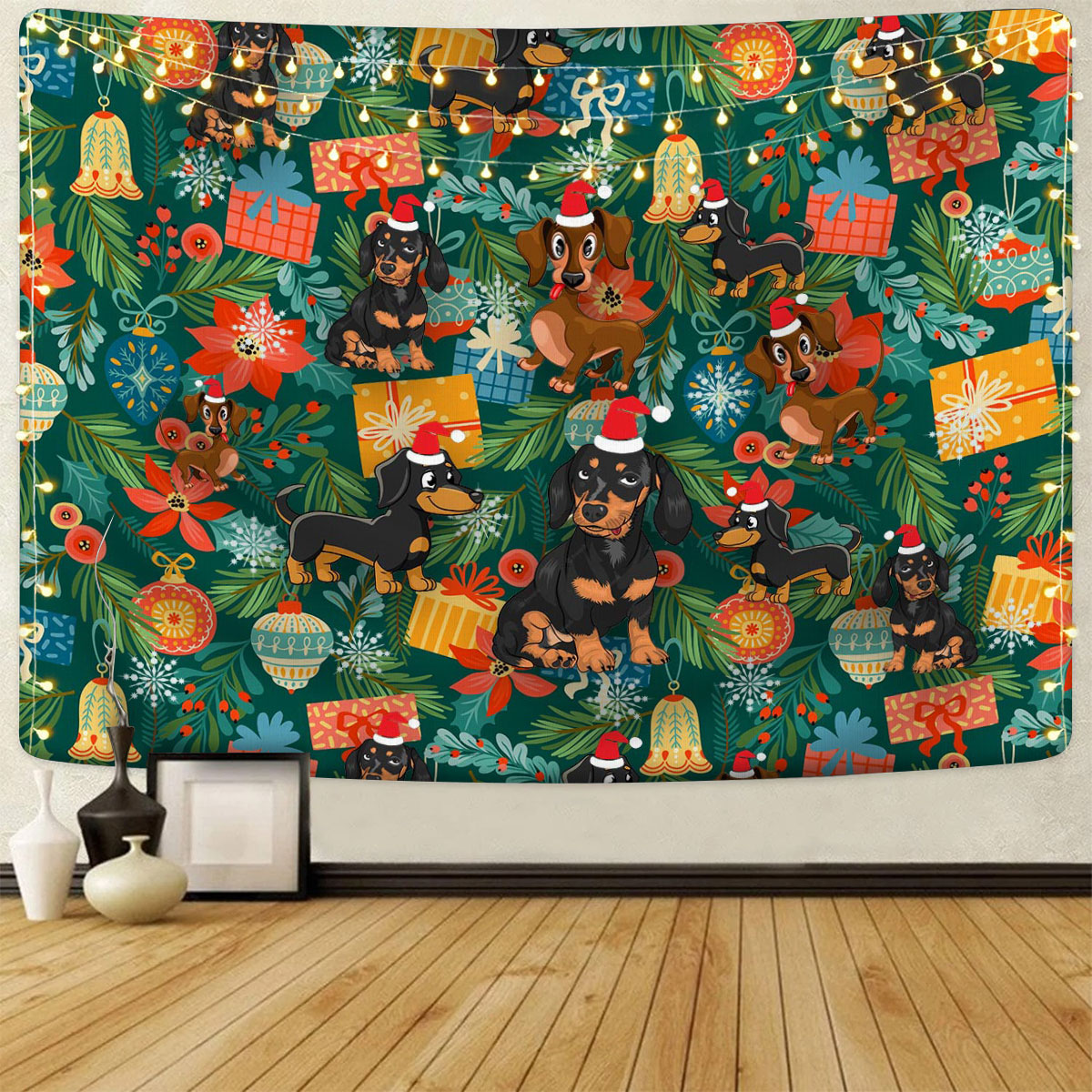 Dachshund Christmas Poinsettia Mistletoe Gift Dog Tapestry
