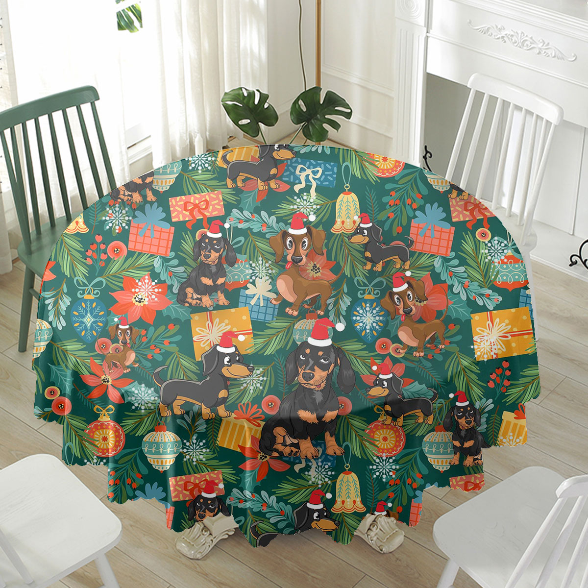 Dachshund Christmas Poinsettia Mistletoe Gift Dog Waterproof Tablecloth