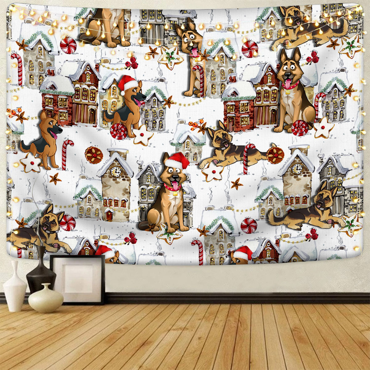 German Shepherd Christmas Town Dog Tapestry