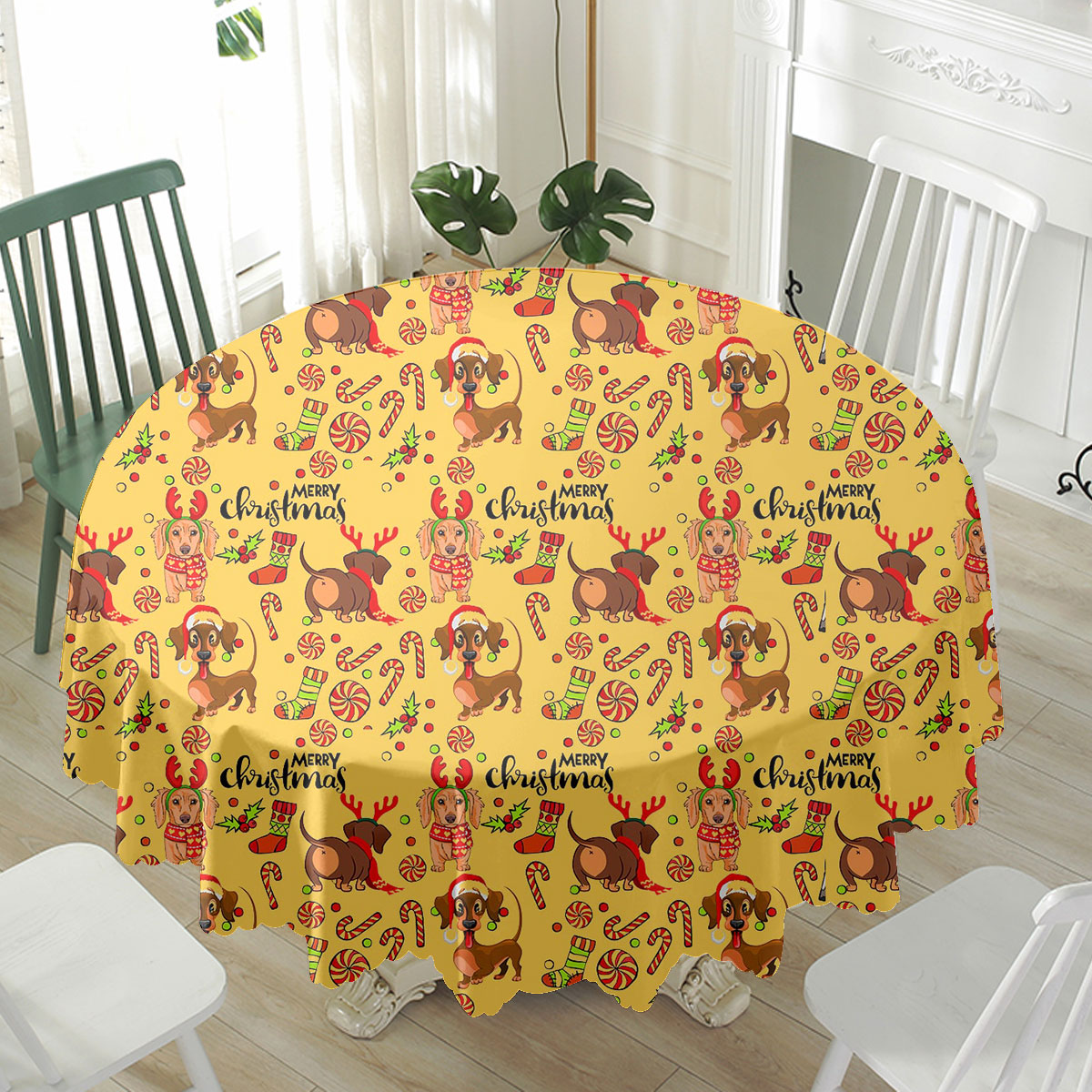 Dachshund Merry Christmas Stocking Candy Dog Waterproof Tablecloth
