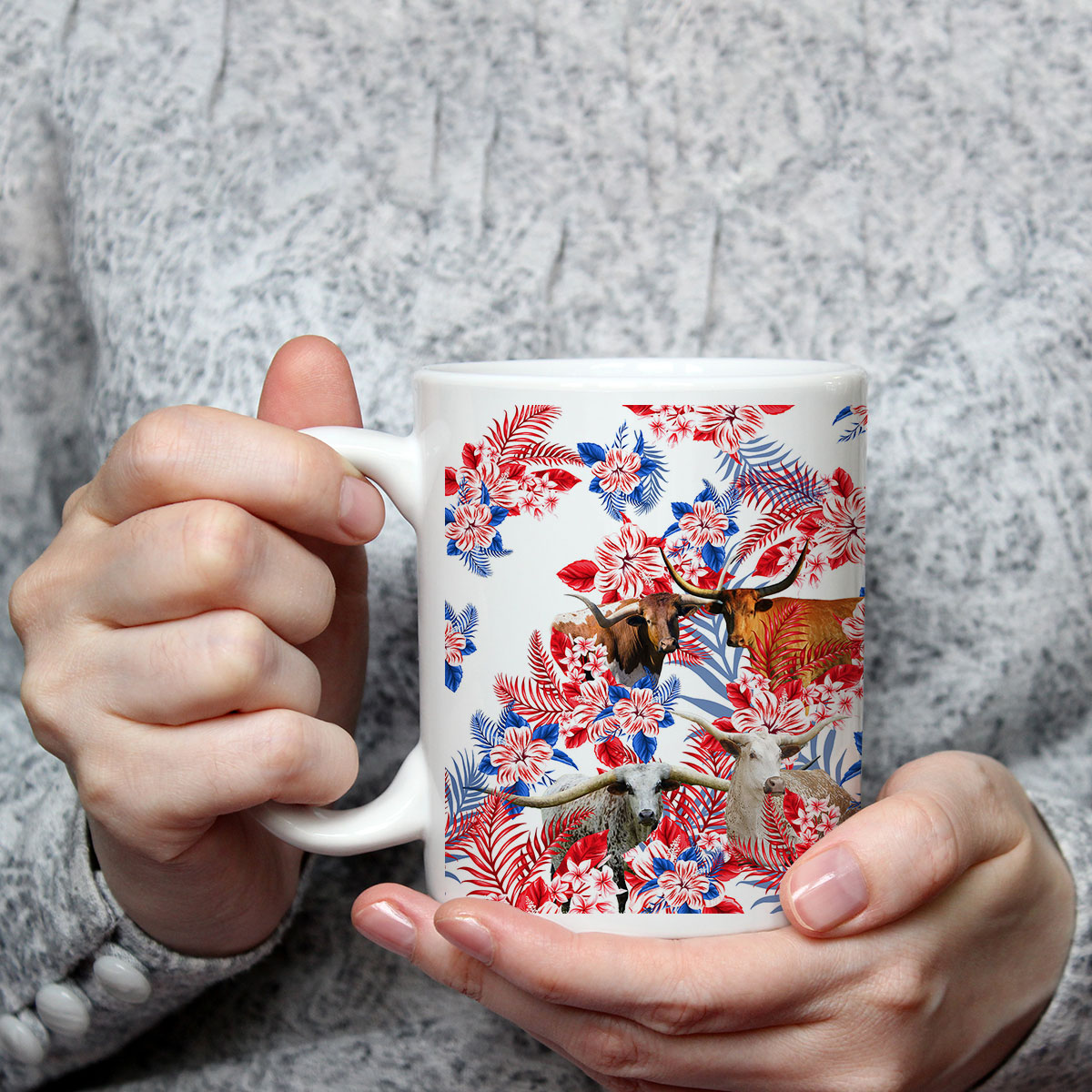 Tx Longhorn Red Hibiscus Flower Ceramic Mug