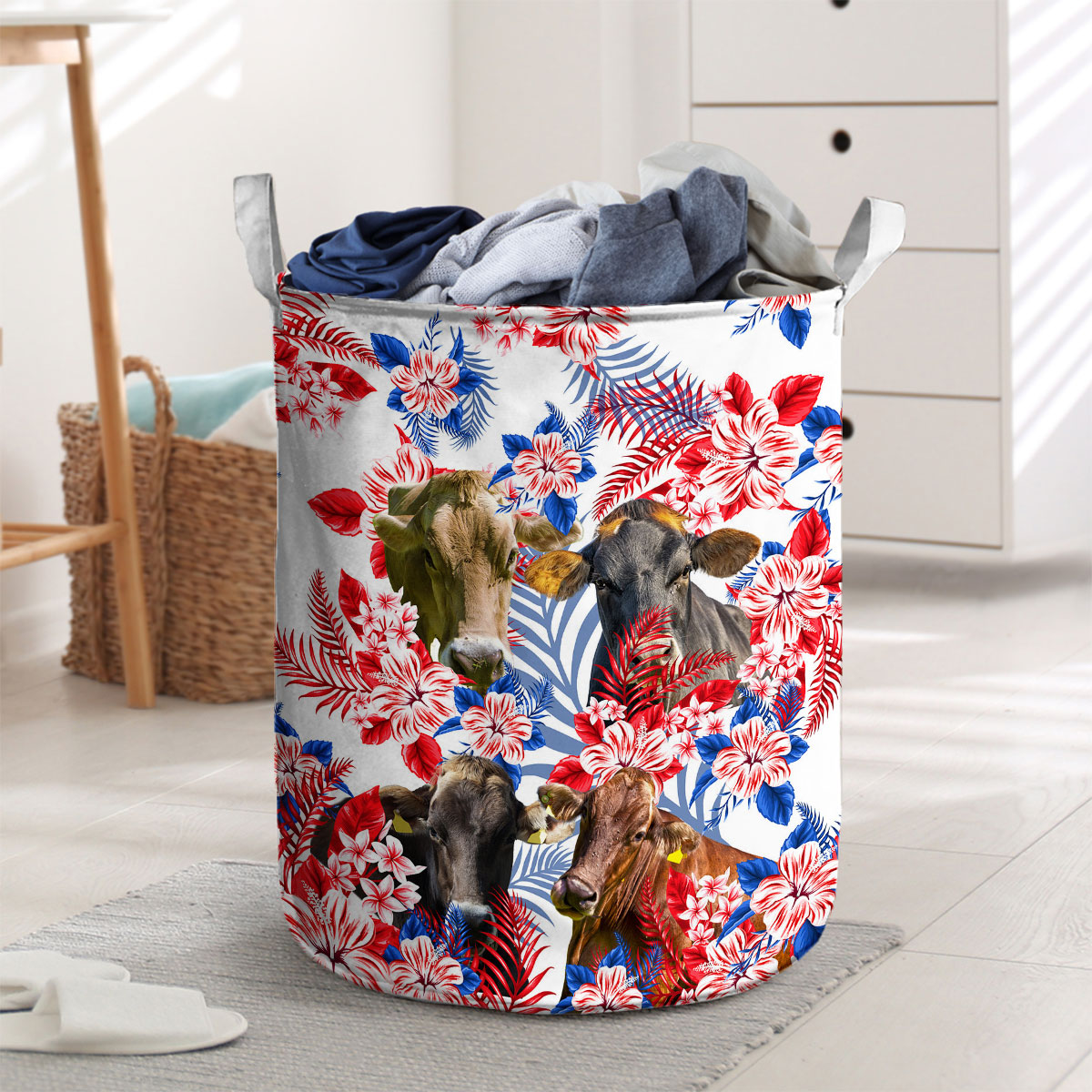 Brown Swiss Red Hibiscus Flower Laundry Basket