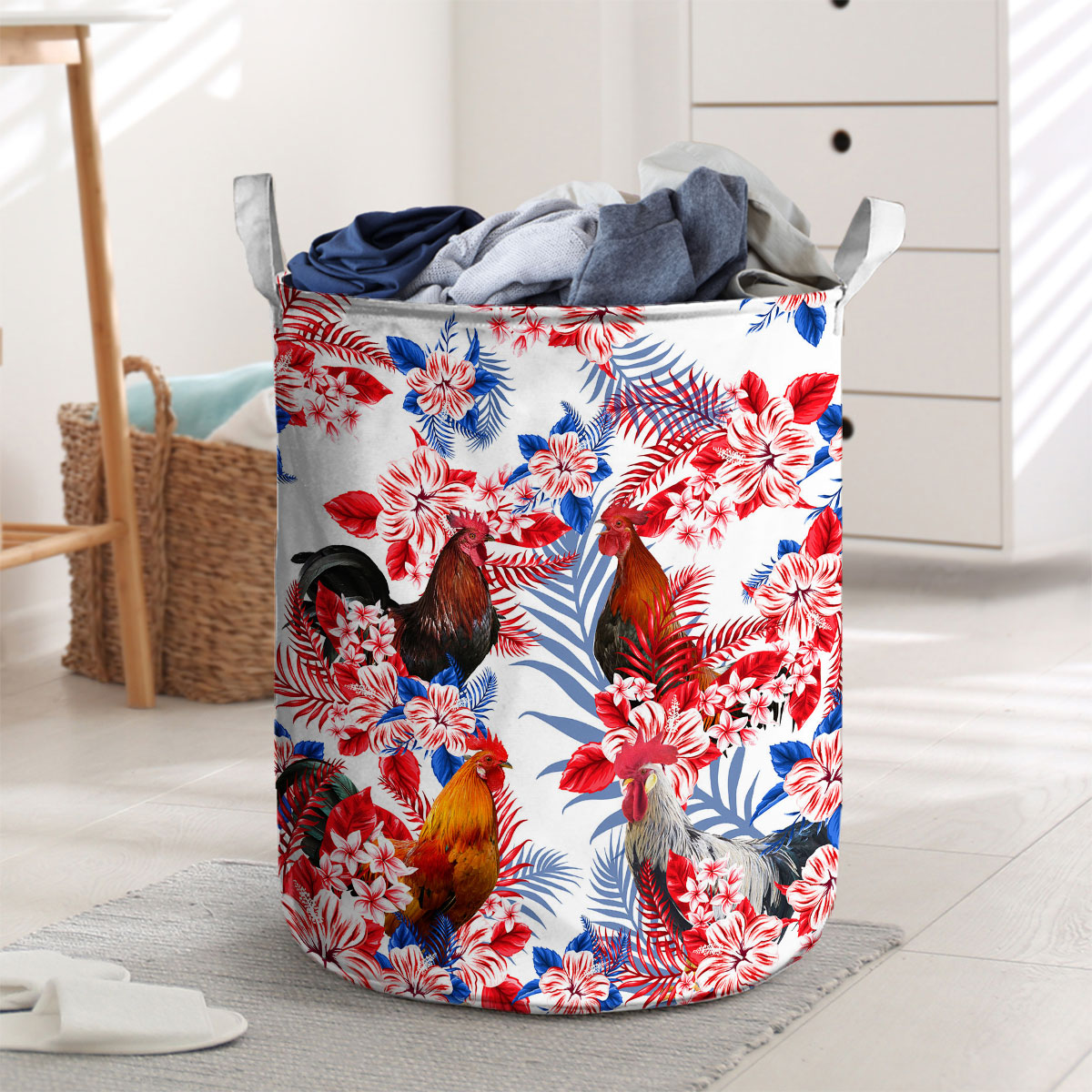 Chicken Red Hibiscus Flower Laundry Basket