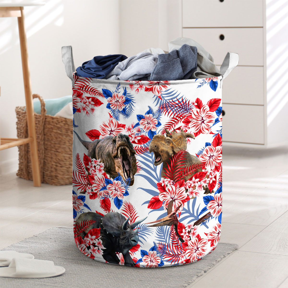Dinosaur Red Hibiscus Flower Laundry Basket