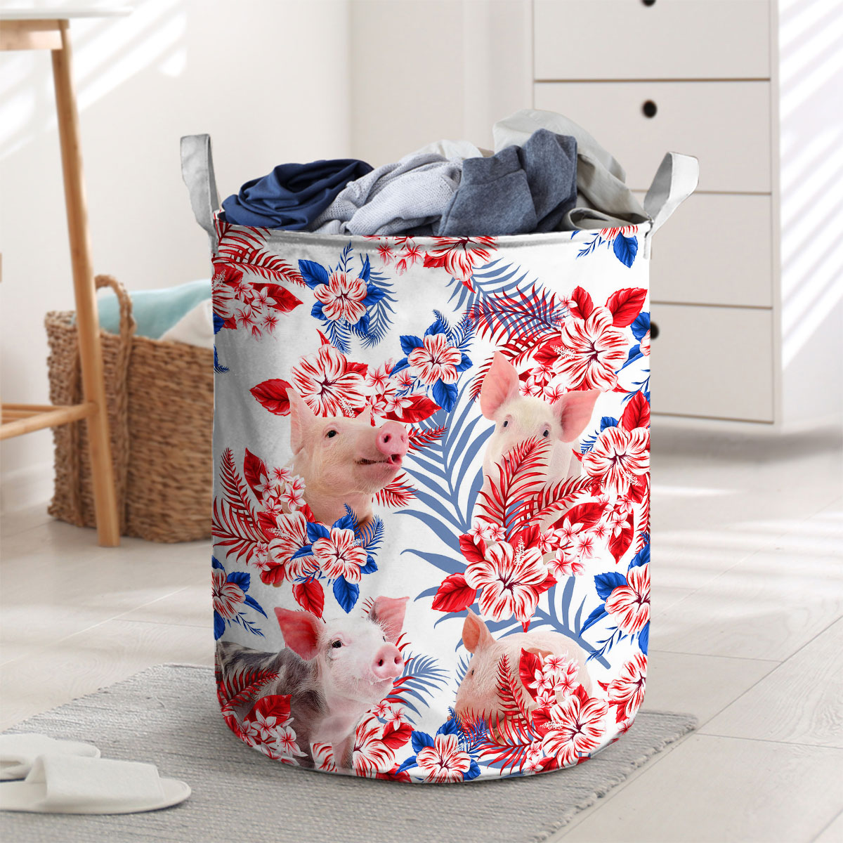 Pig Red Hibiscus Flower Laundry Basket