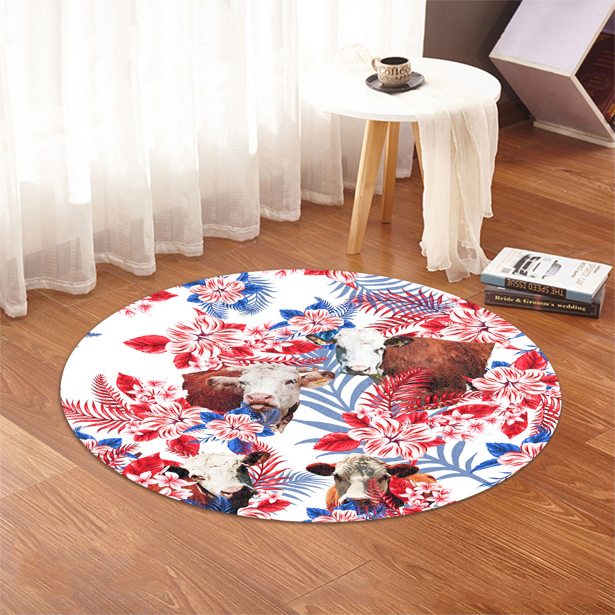 Hereford Red Hibiscus Flower Round Rug