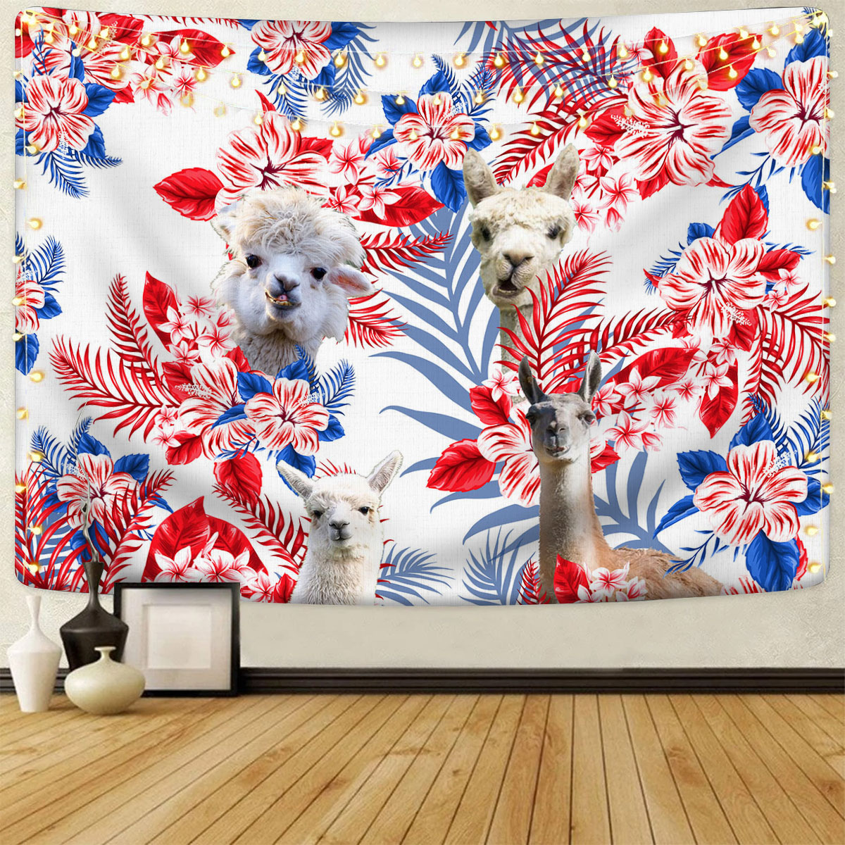 Llama Red Hibiscus Flower Tapestry
