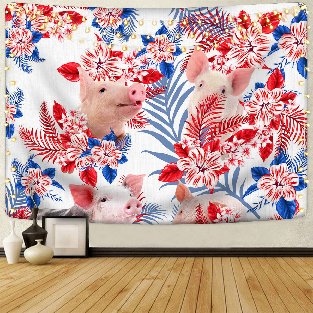 Pig Red Hibiscus Flower Tapestry