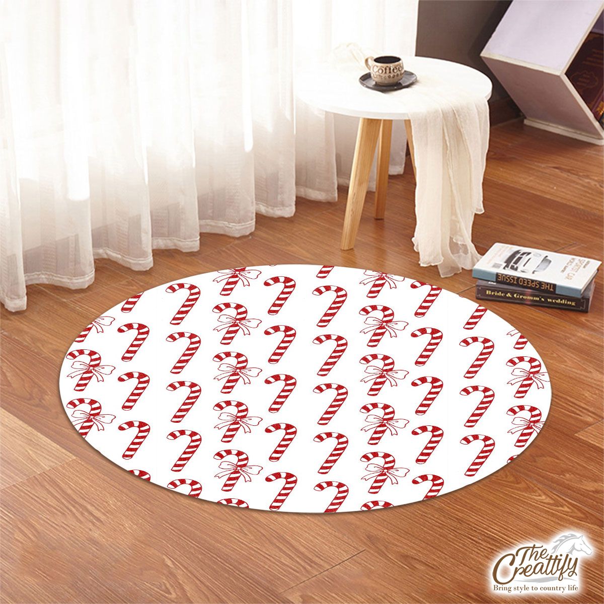 Christmas Candy Cane Seamless Pattern White Background Round Rug