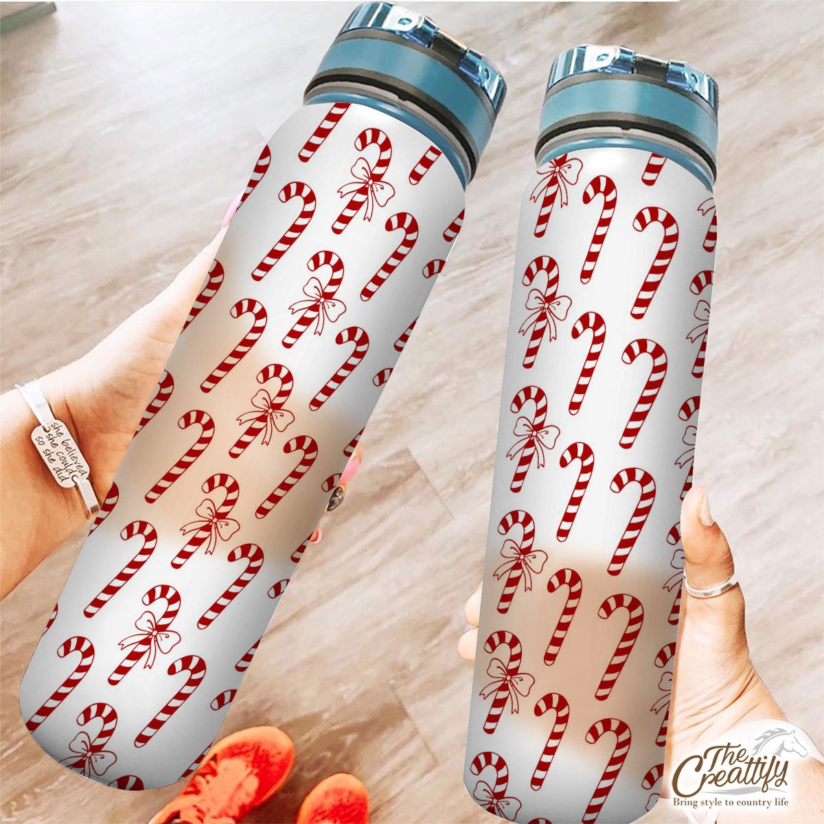 Christmas Candy Cane Seamless Pattern White Background Tracker Bottle