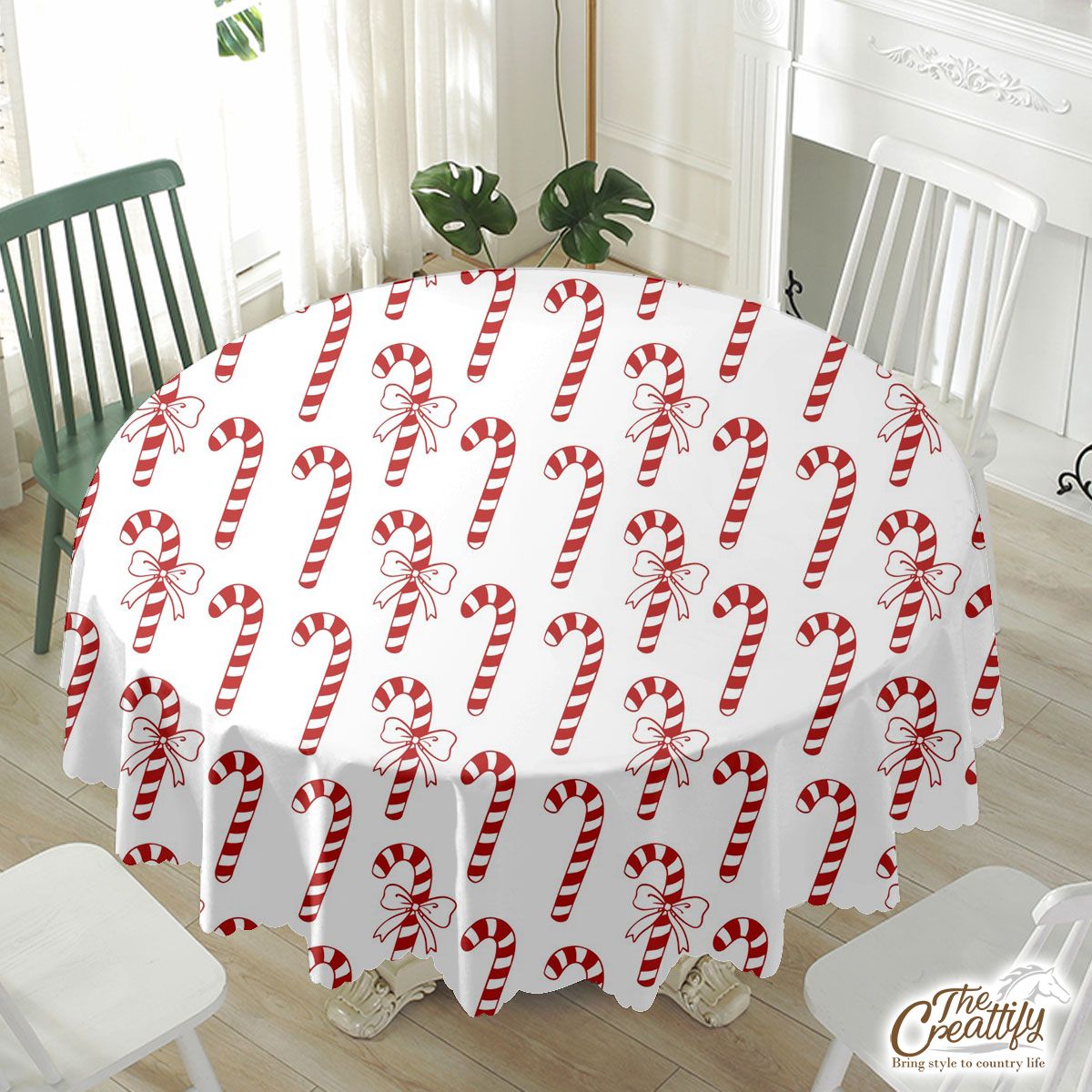 Christmas Candy Cane Seamless Pattern White Background Waterproof Tablecloth