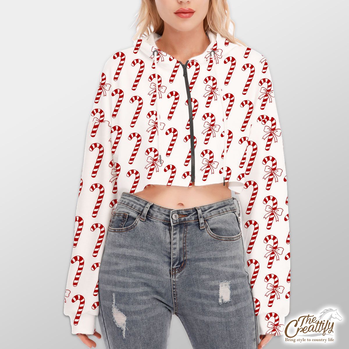 Christmas Candy Cane Seamless Pattern White Background Hoodie With Zipper Closure