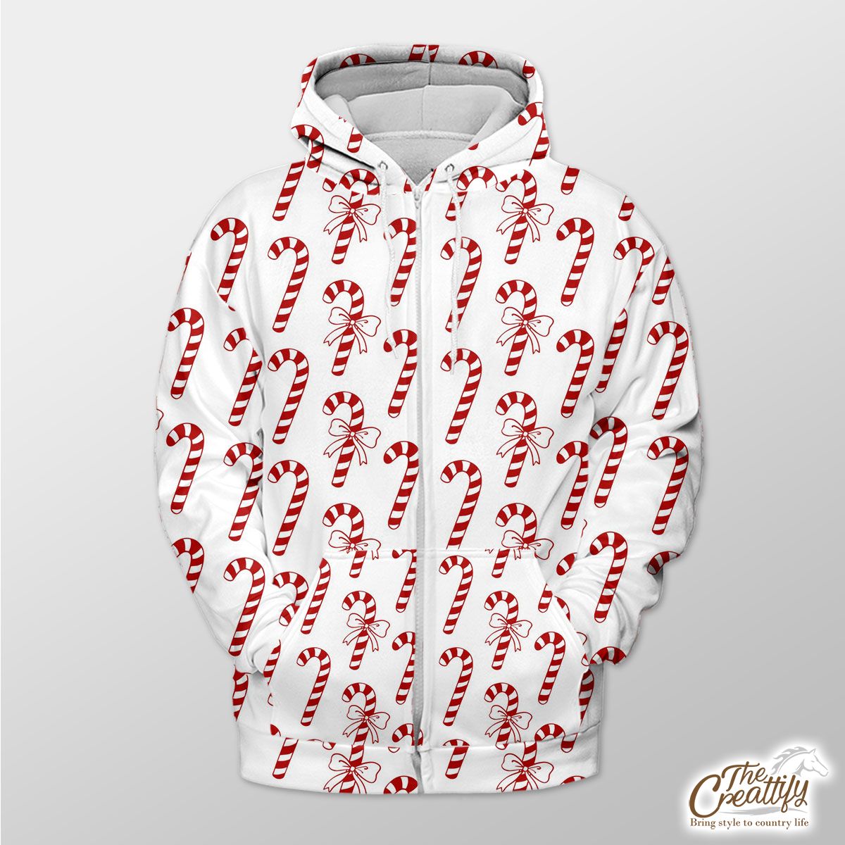 Christmas Candy Cane Seamless Pattern White Background Zip Hoodie