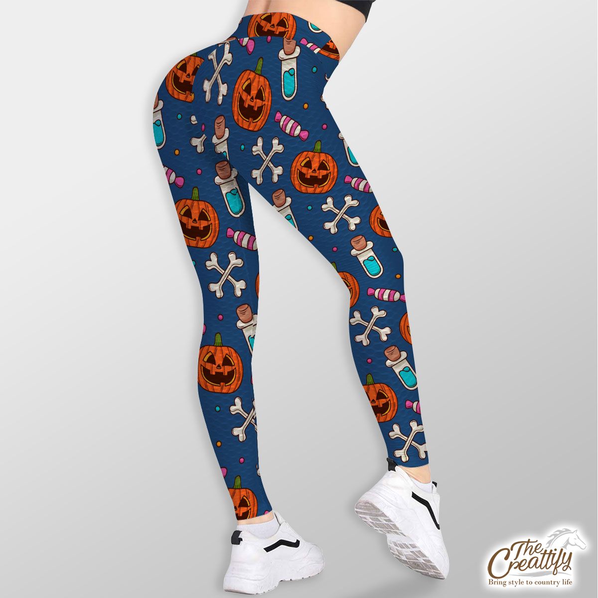 Halloween Scary Pumpkin Face With Candy And Bone TikTok Leggings