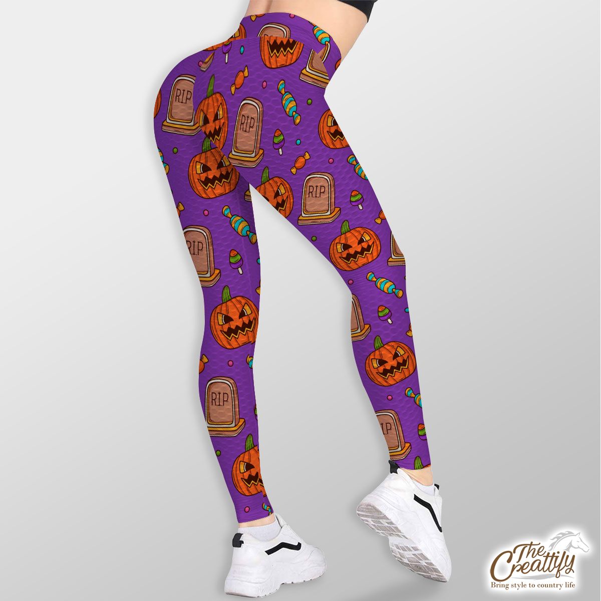 Halloween Scary Pumpkin Face With Headstone And Candy TikTok Leggings