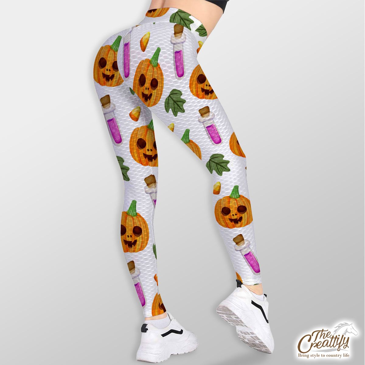 Scary Pumpkin Face and Witch Potions White Halloween TikTok Leggings