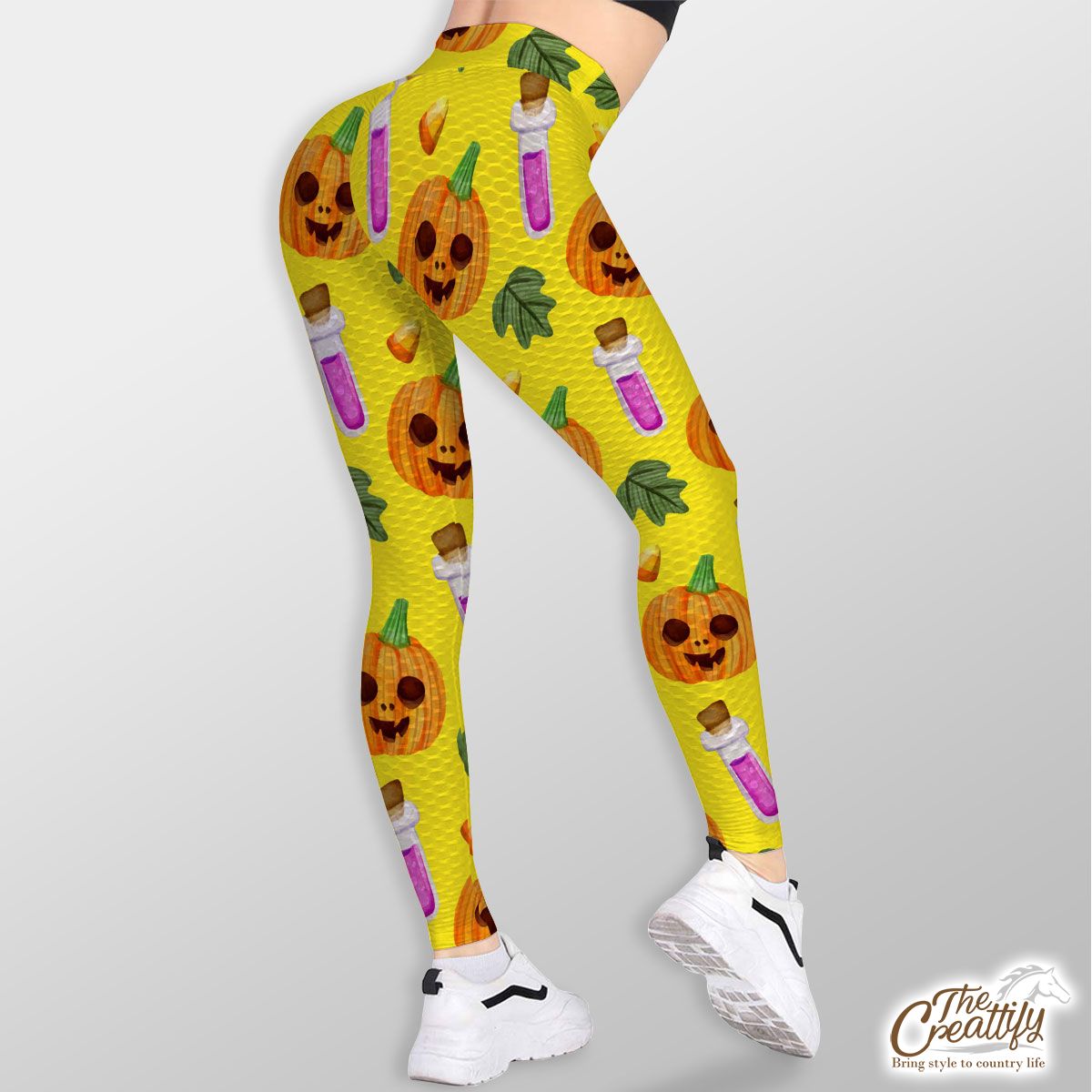 Scary Pumpkin Face and Witch Potions Yellow Halloween TikTok Leggings