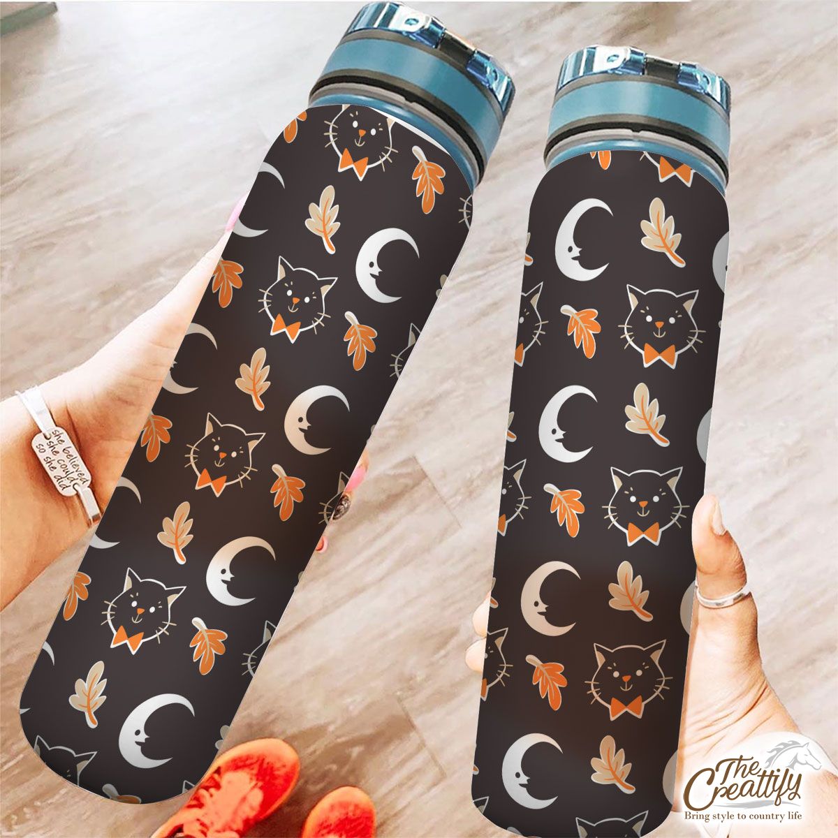 Black Cat With Fall Leaves And Moon Halloween Tracker Bottle