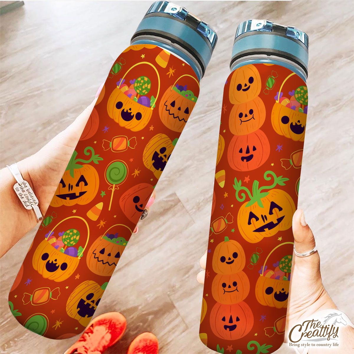 Cute Pumpkin, Jack O Lantern Full of Candy Orange Halloween Tracker Bottle