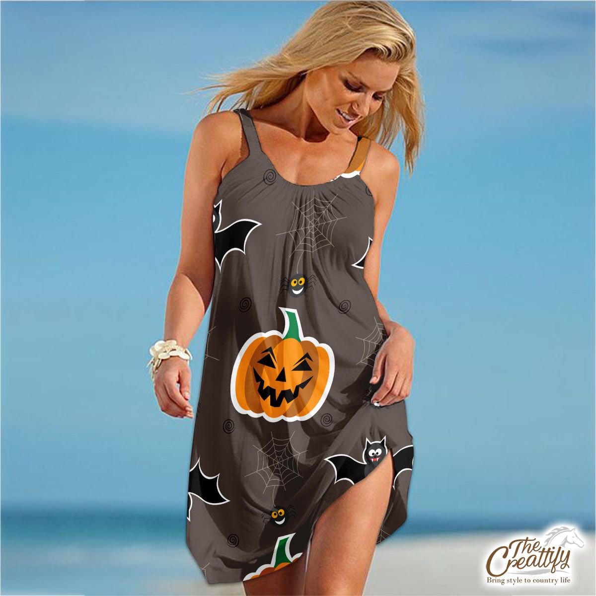 Scary Halloween With Pumpkin Jack O Lantern and Bat Tribal Dress