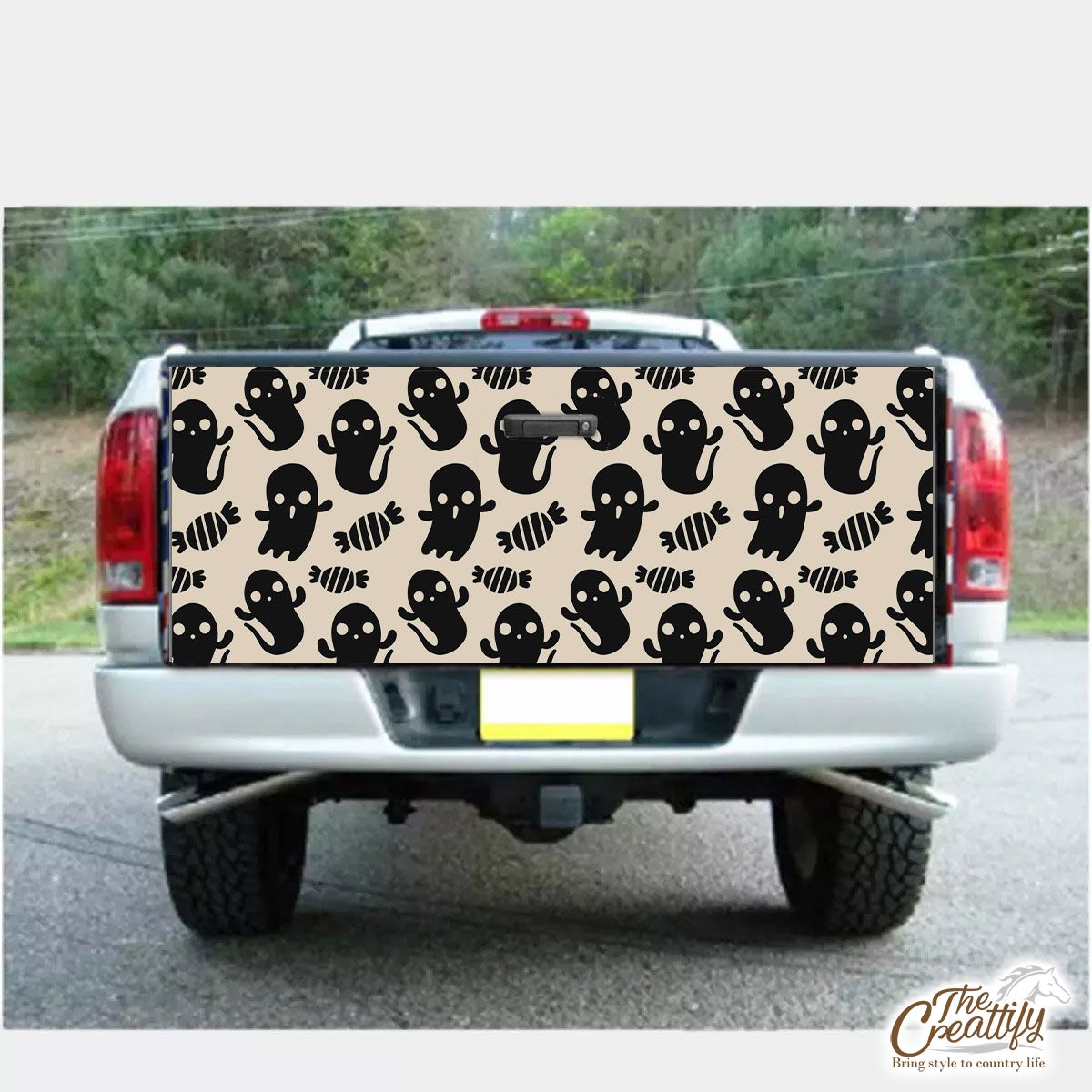 Black And White Cute Ghost With Halloween Candy Truck Bed Decal