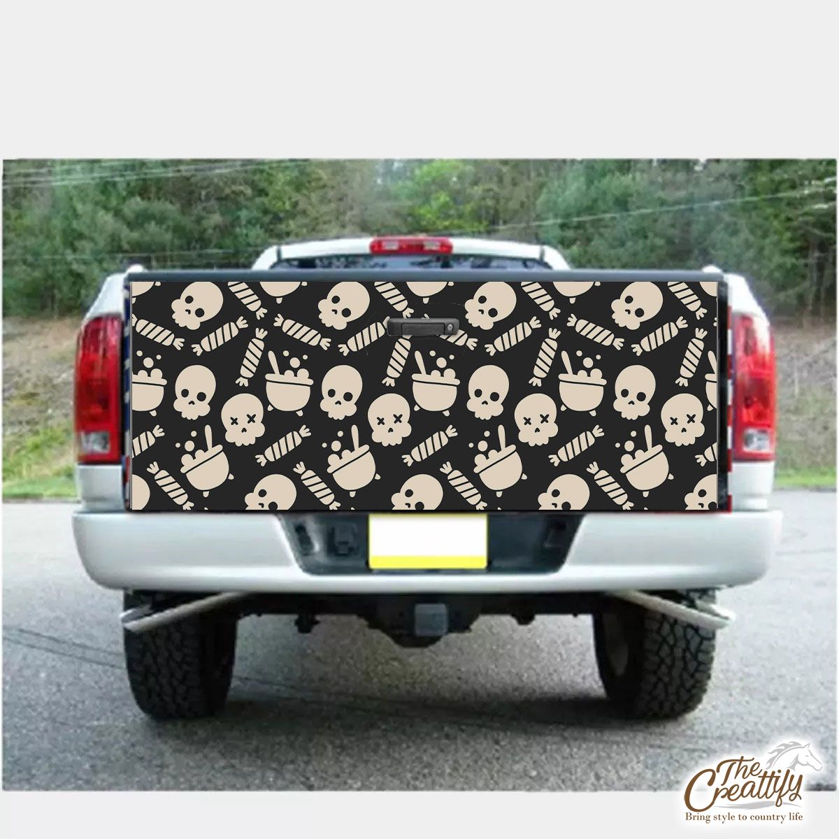 Black And White Skull Emoji With Halloween Candy Truck Bed Decal