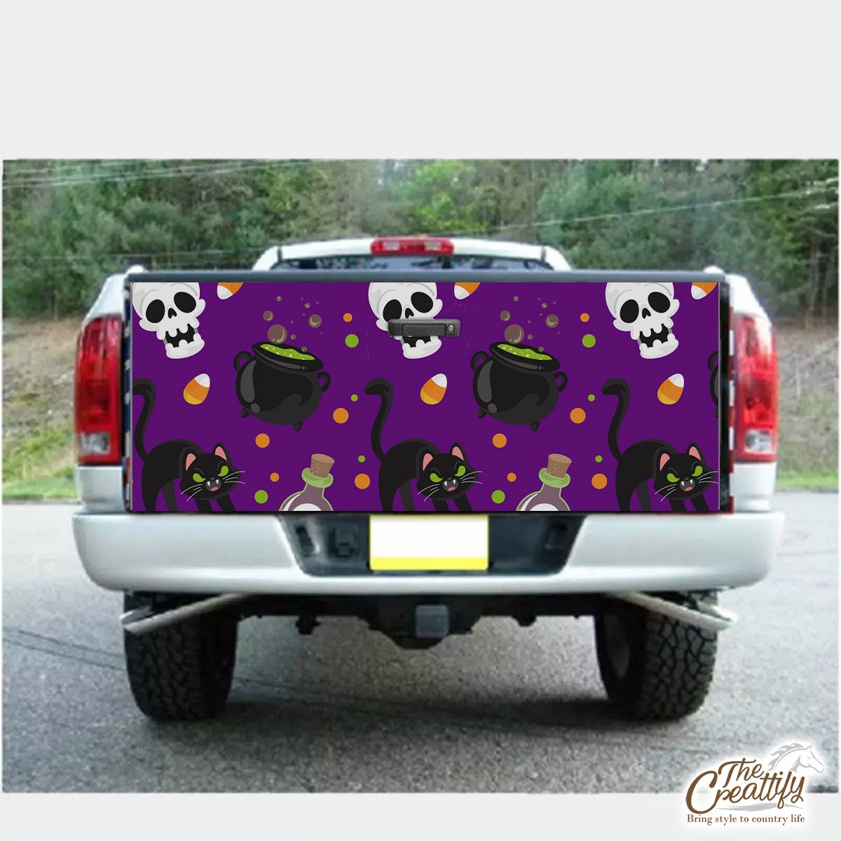 Black Cat And Skull On The Spooky Background Halloween Truck Bed Decal