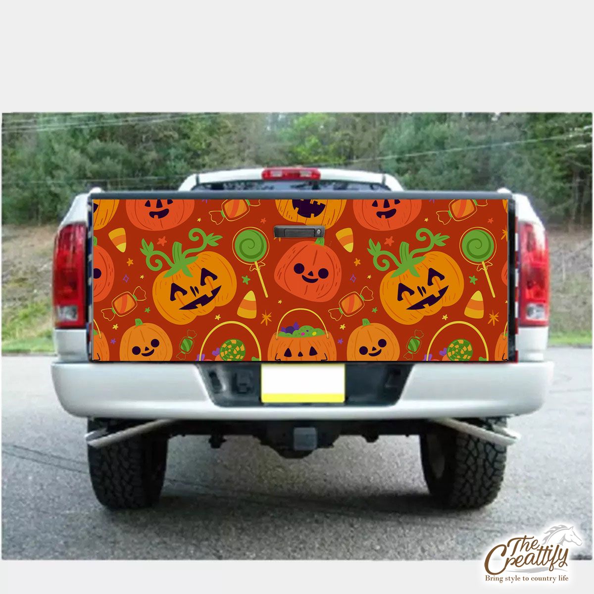 Cute Pumpkin, Jack O Lantern Full of Candy Orange Halloween Truck Bed Decal