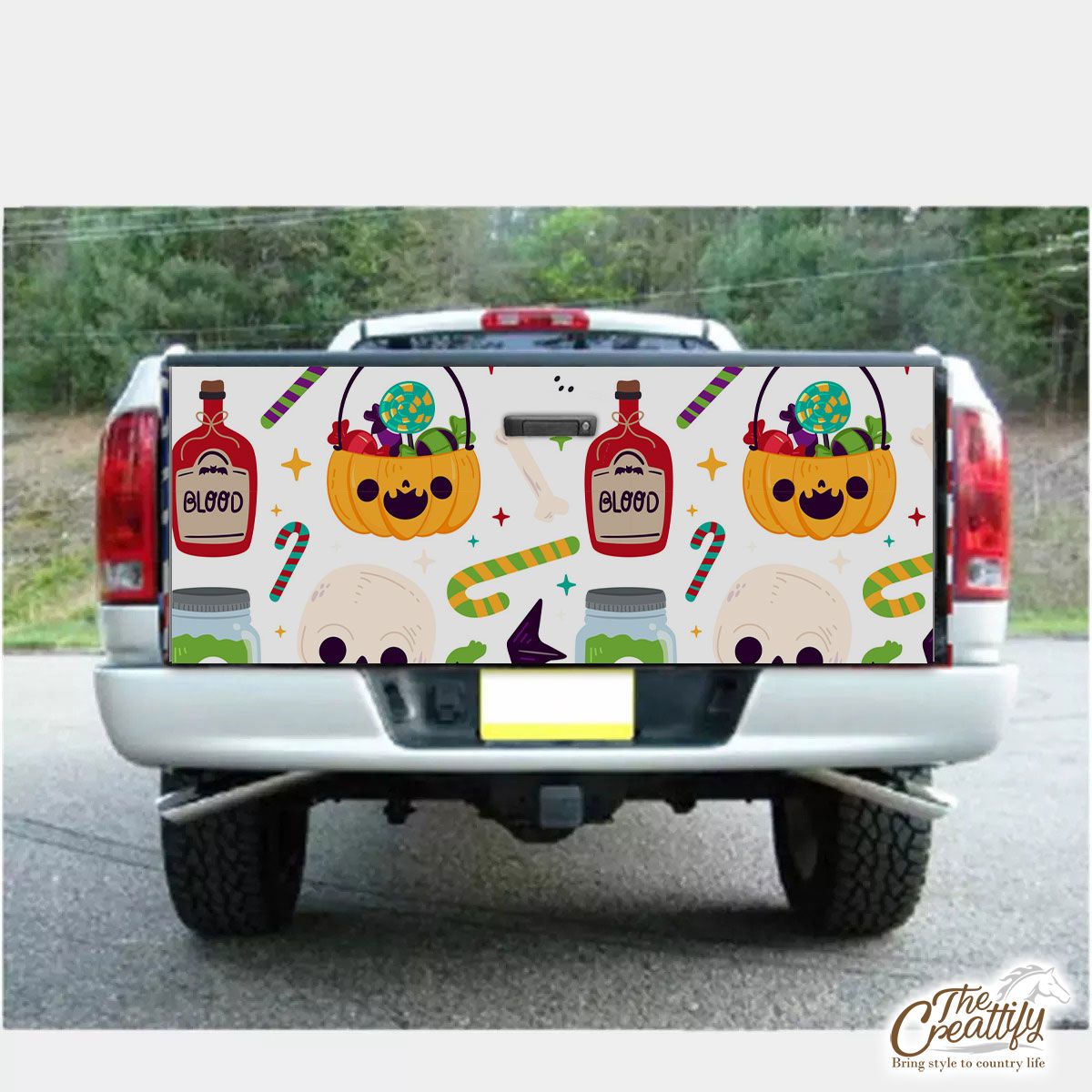 Cute Pumpkin, Jack O Lantern Full of Candy, Witch Potions and Bat White Halloween Truck Bed Decal