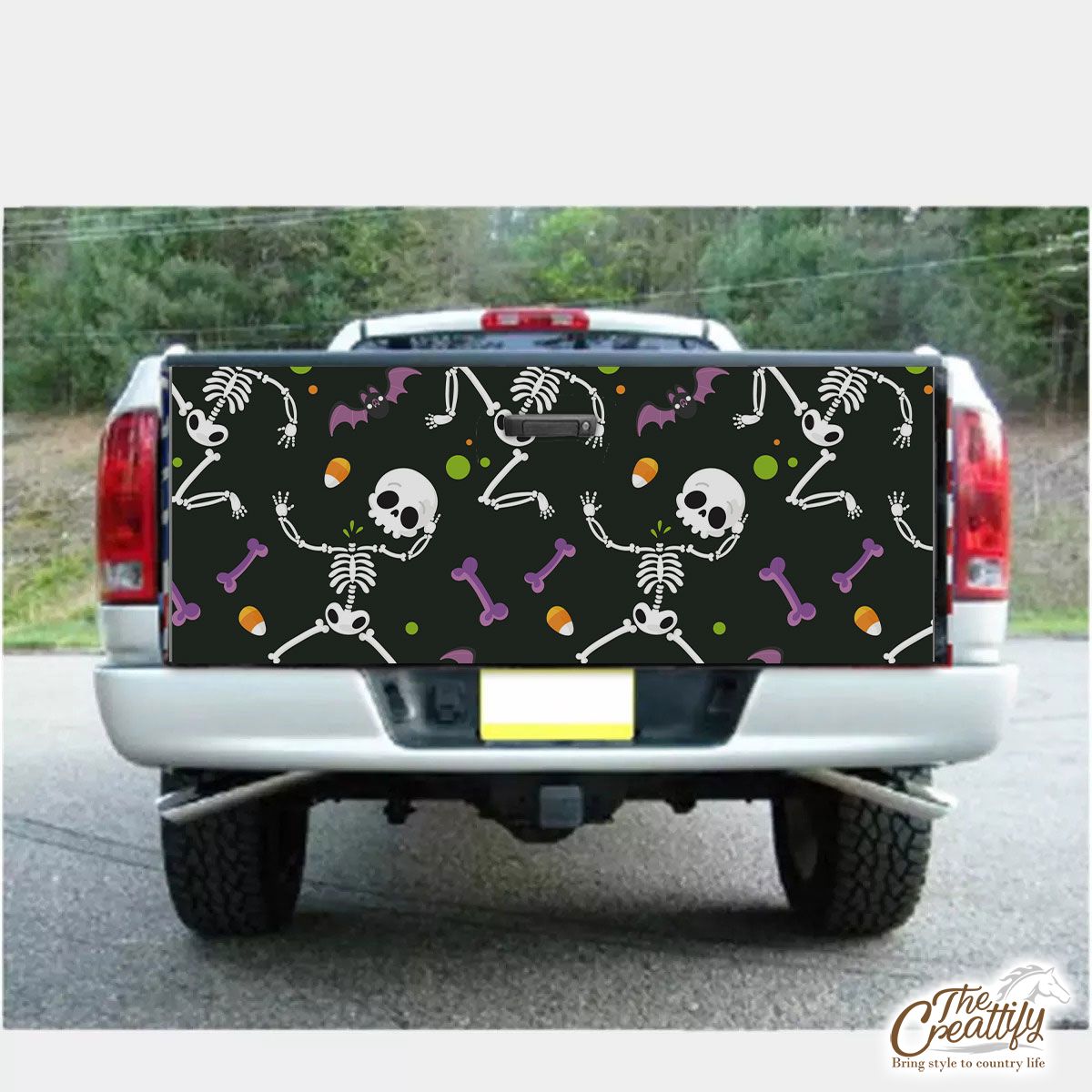 Funny Halloween Dancing Animated Skeleton On Halloween Background Truck Bed Decal