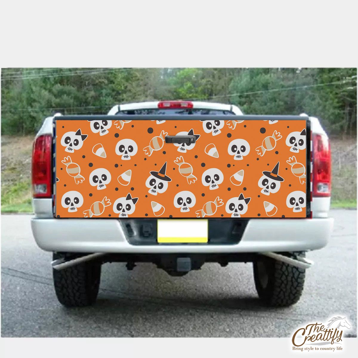 Halloween Candy Cartoon Skull With Witch Hat On Orange Color Background Truck Bed Decal
