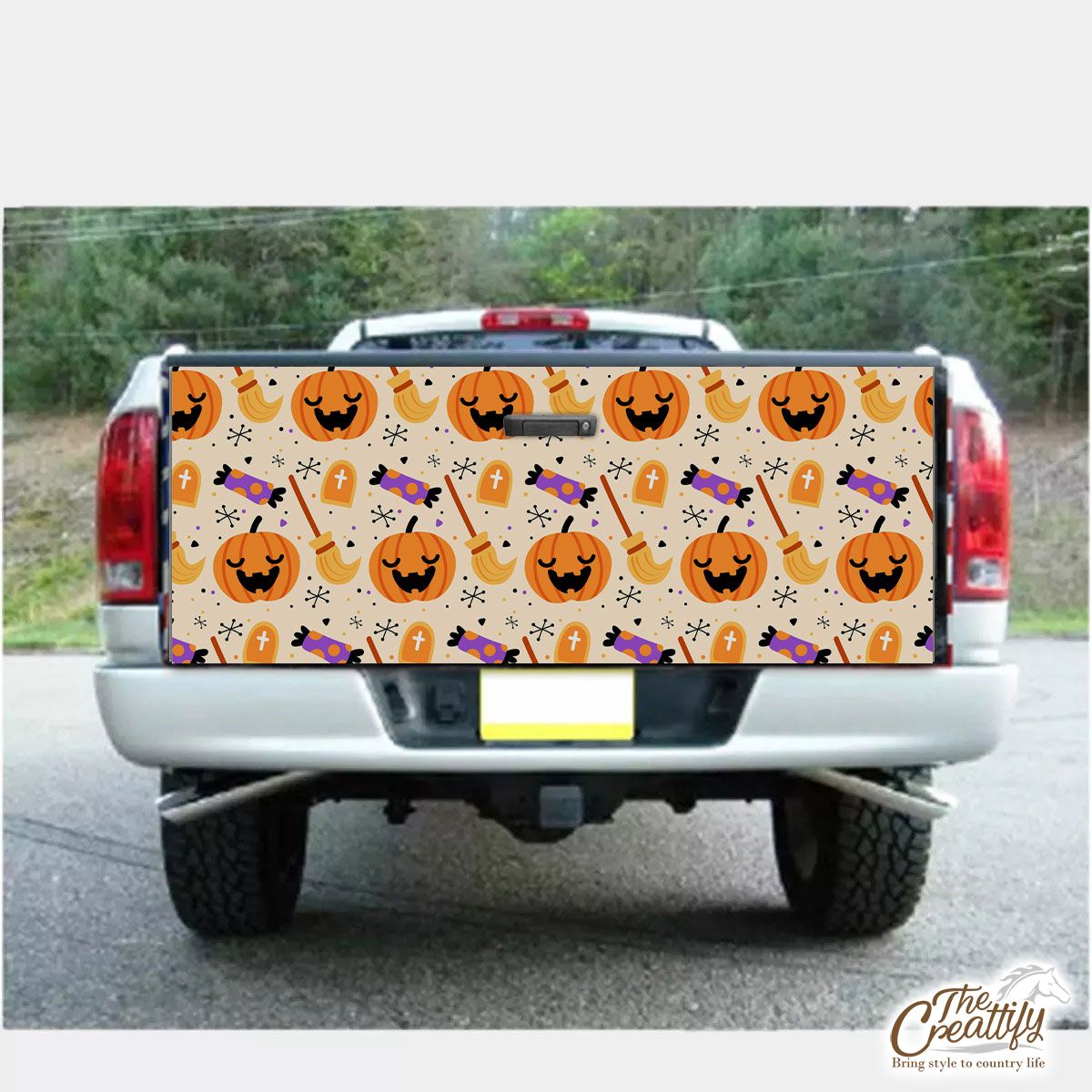 Halloween Pumpkin Face, Jack O Lantern, Candy Halloween, Witch Broom Orange Truck Bed Decal