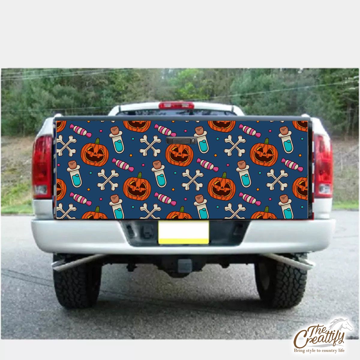 Halloween Scary Pumpkin Face With Candy And Bone Truck Bed Decal