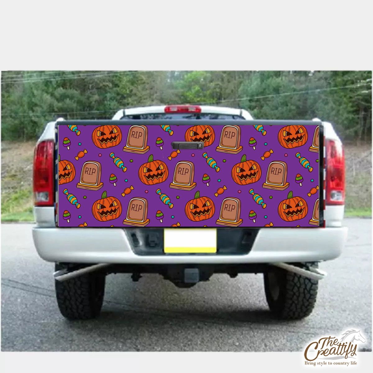 Halloween Scary Pumpkin Face With Headstone And Candy Truck Bed Decal