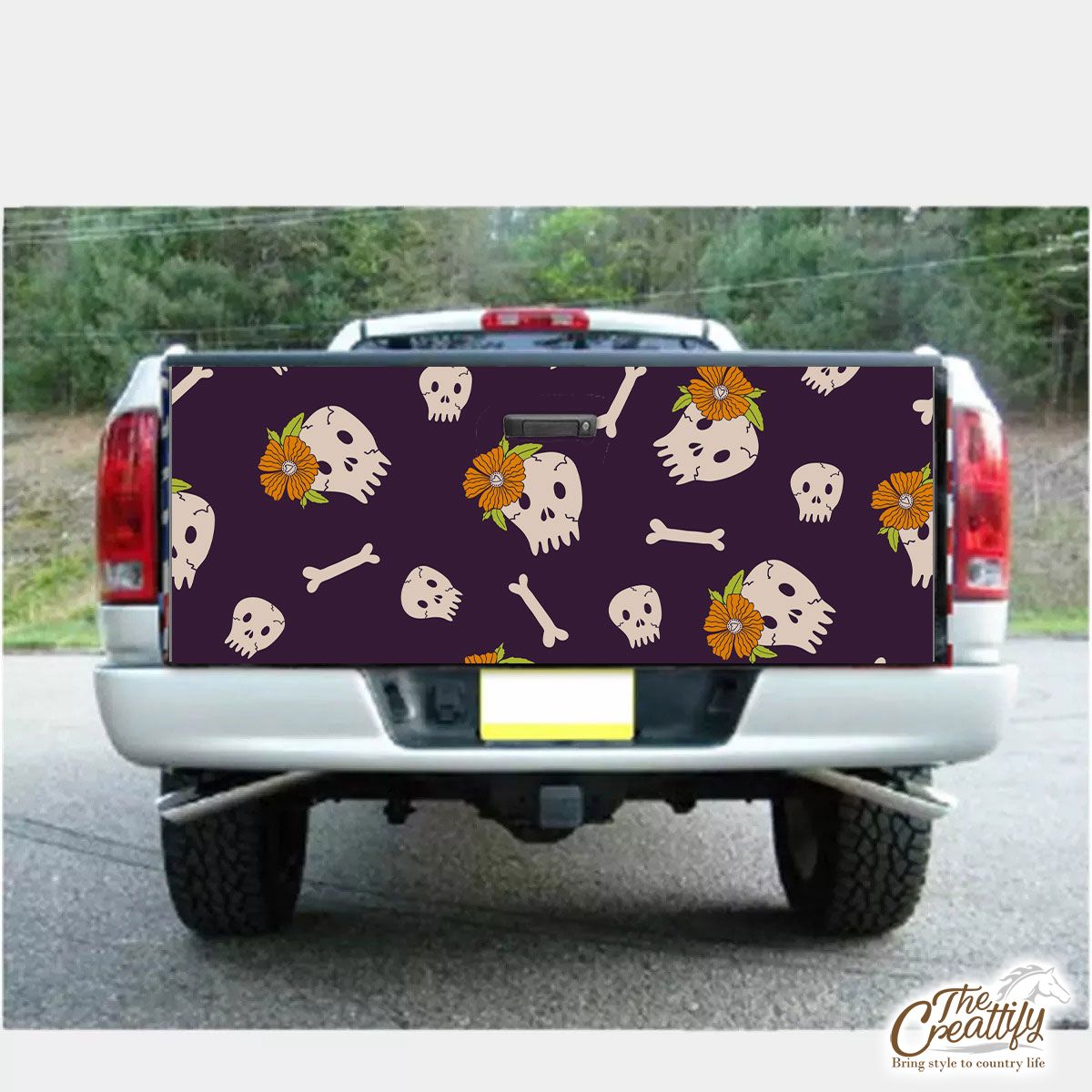 Halloween Skull Seamless Pattern With Sunflower Truck Bed Decal