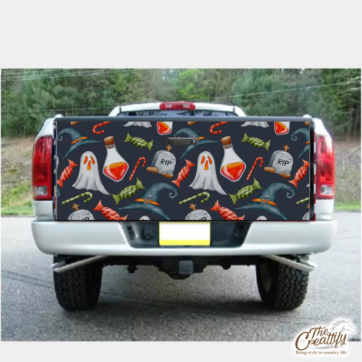 Happy Halloween With Boo, Candy, Witch Hat And Headstone Truck Bed Decal