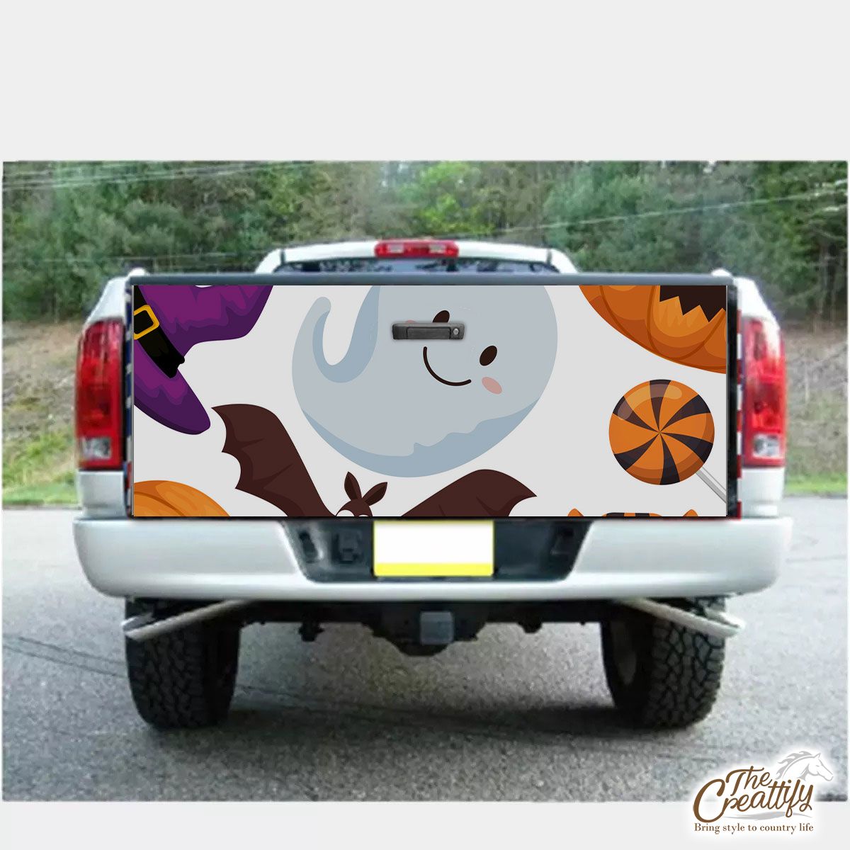 Happy Halloween With Cartoon Bat, Cute Ghost, Scary Pumpkin Face And Halloween Candy Truck Bed Decal