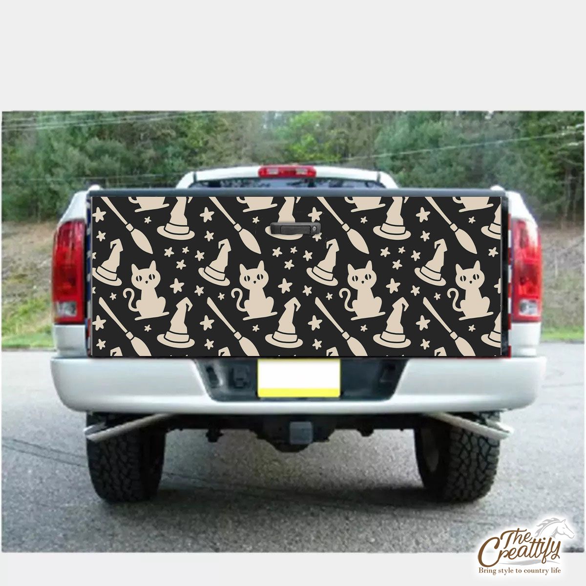 Happy Halloween With Cat, Witch Hat And Broom Truck Bed Decal