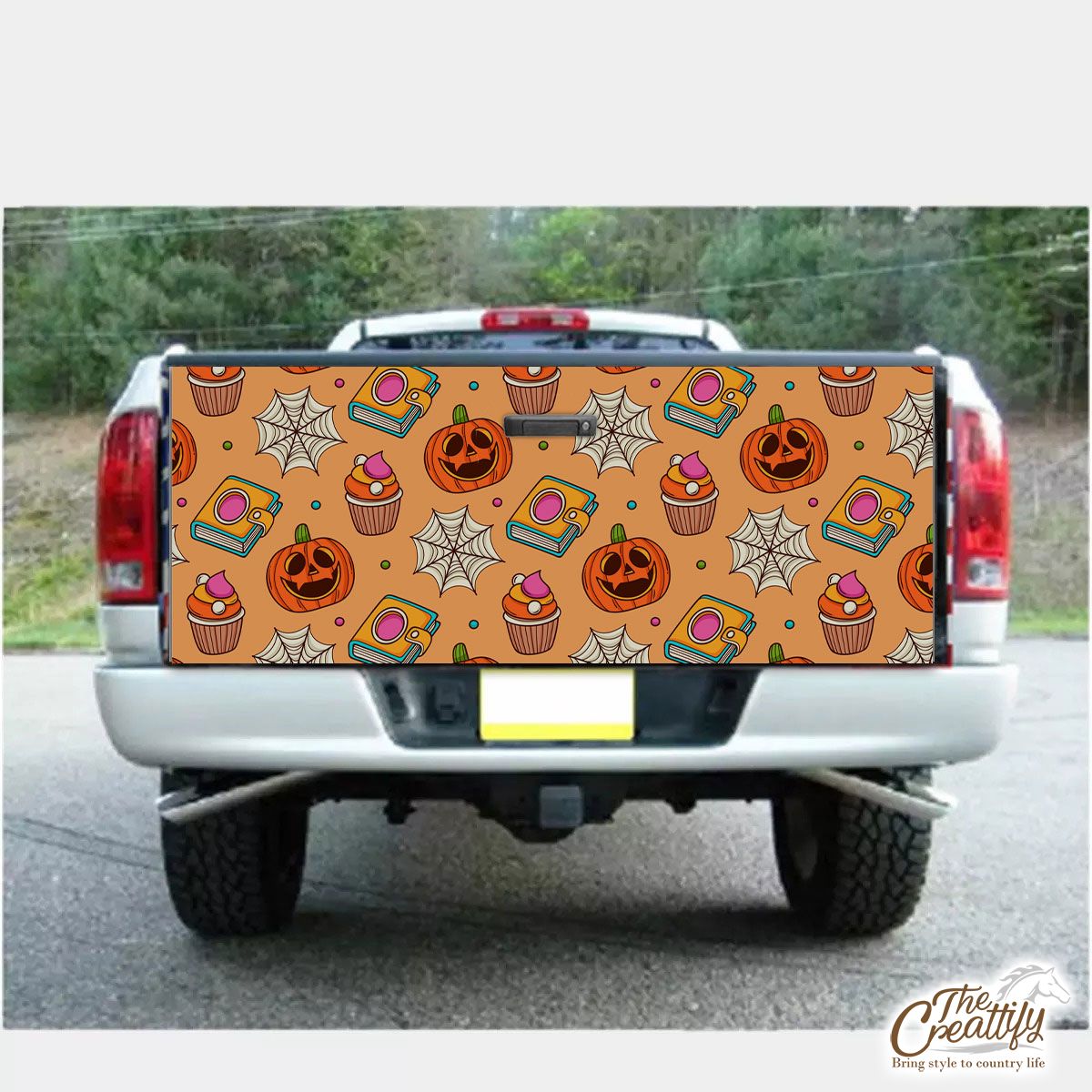 Happy Halloween With Pumpkin, Spider Web And Cartoon Cupcake Truck Bed Decal