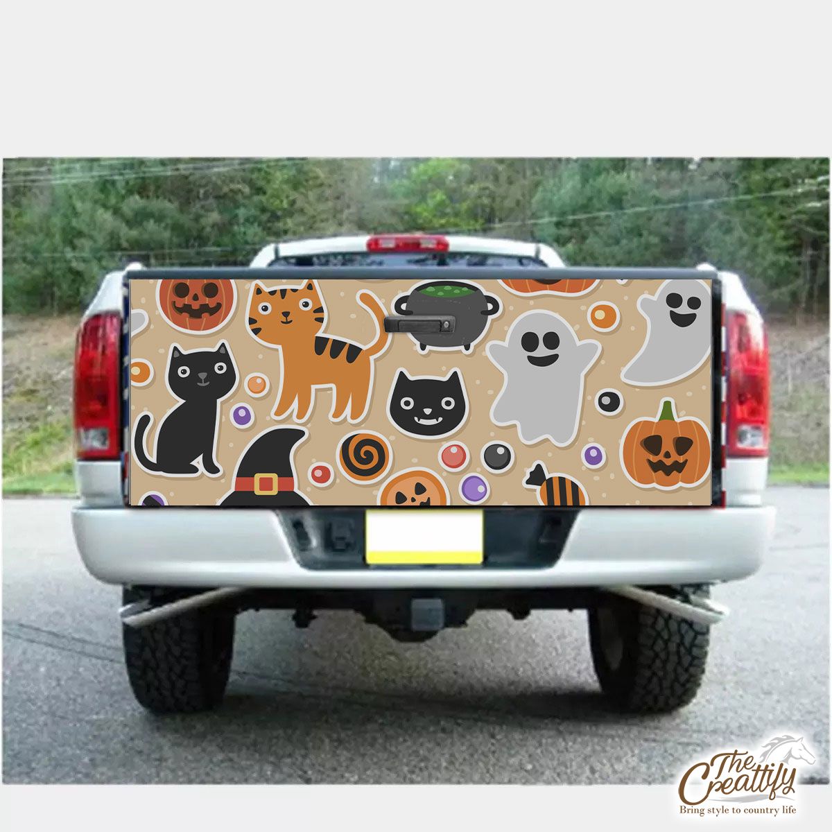 Scary Halloween Cat  With Pumpkin Jack O Lantern and Skull Truck Bed Decal