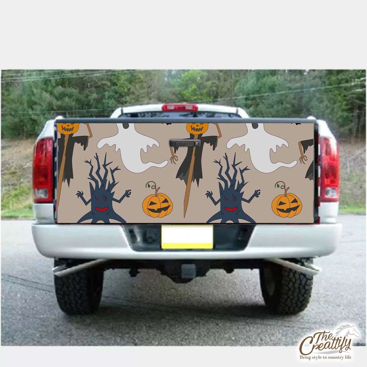 Scary Halloween Straw Scarecrow With Hat Pumpkin and Ghost Truck Bed Decal