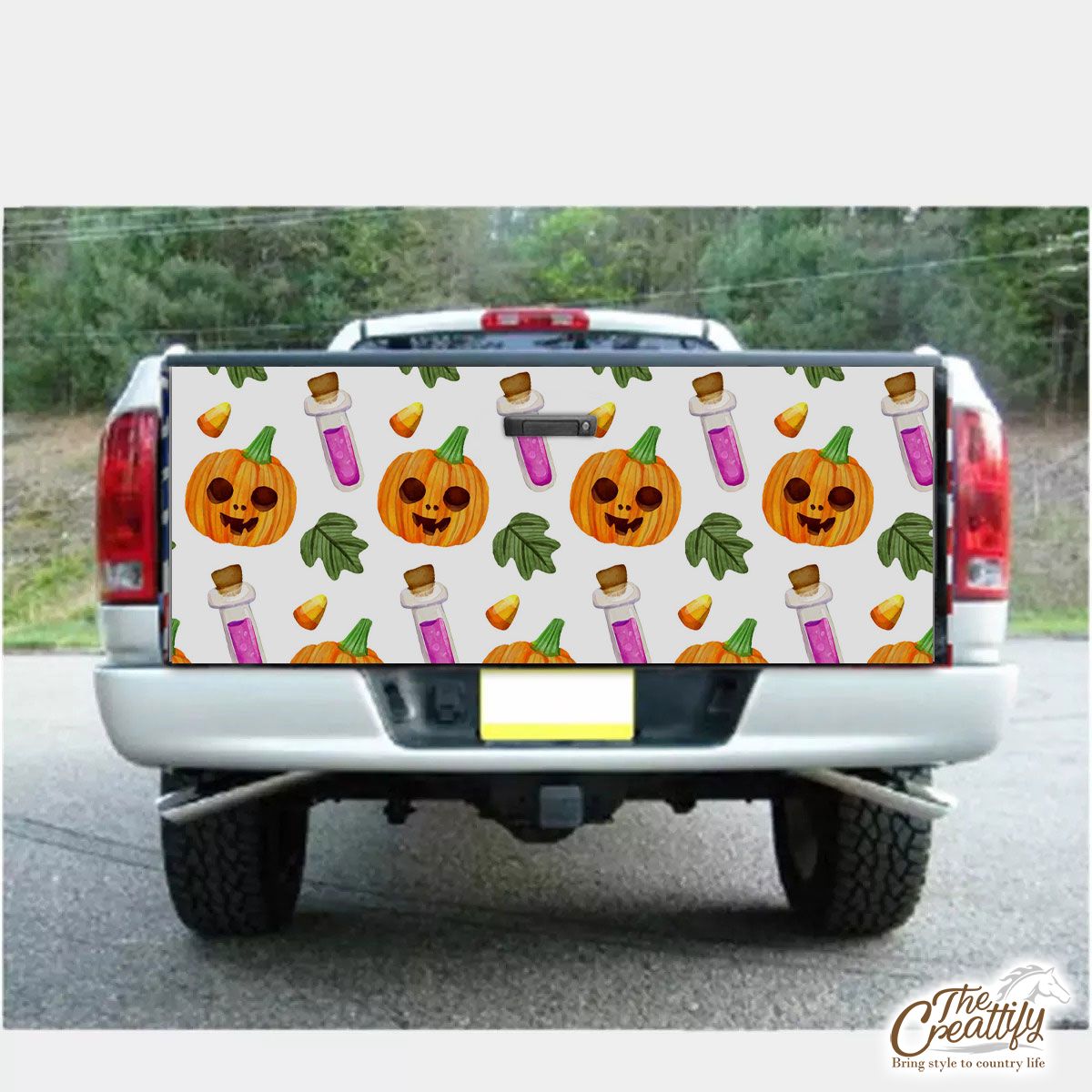 Scary Pumpkin Face and Witch Potions White Halloween Truck Bed Decal